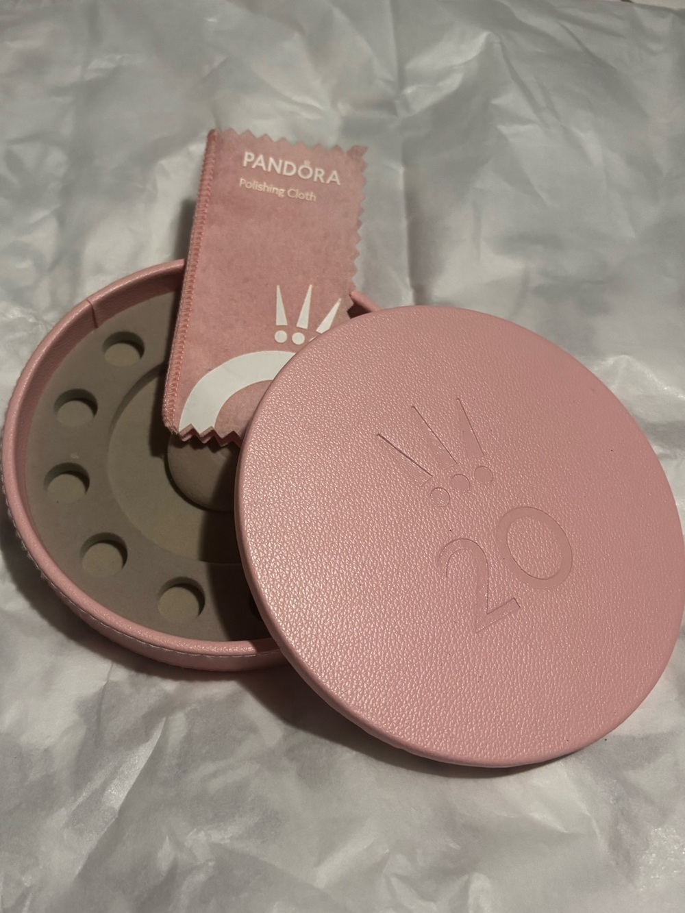 Pandora 20th Anniversary Pink Round Charm Holder Case w/ Polishing Cloth Jewelry